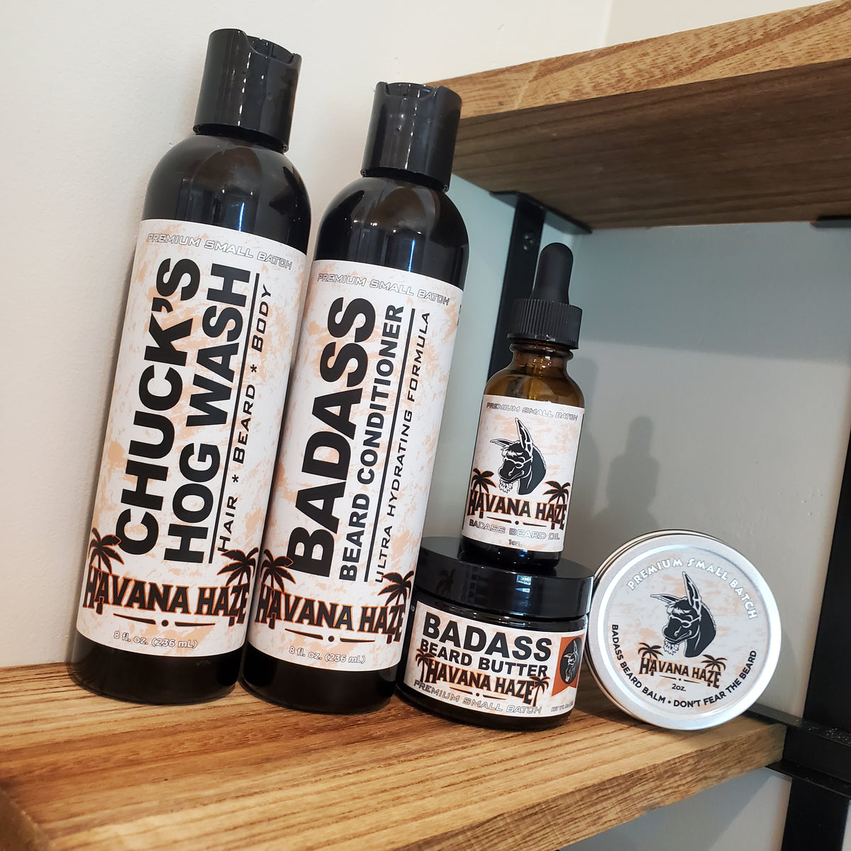 Havana Haze Complete Beard Care Kit on a wooden shelf