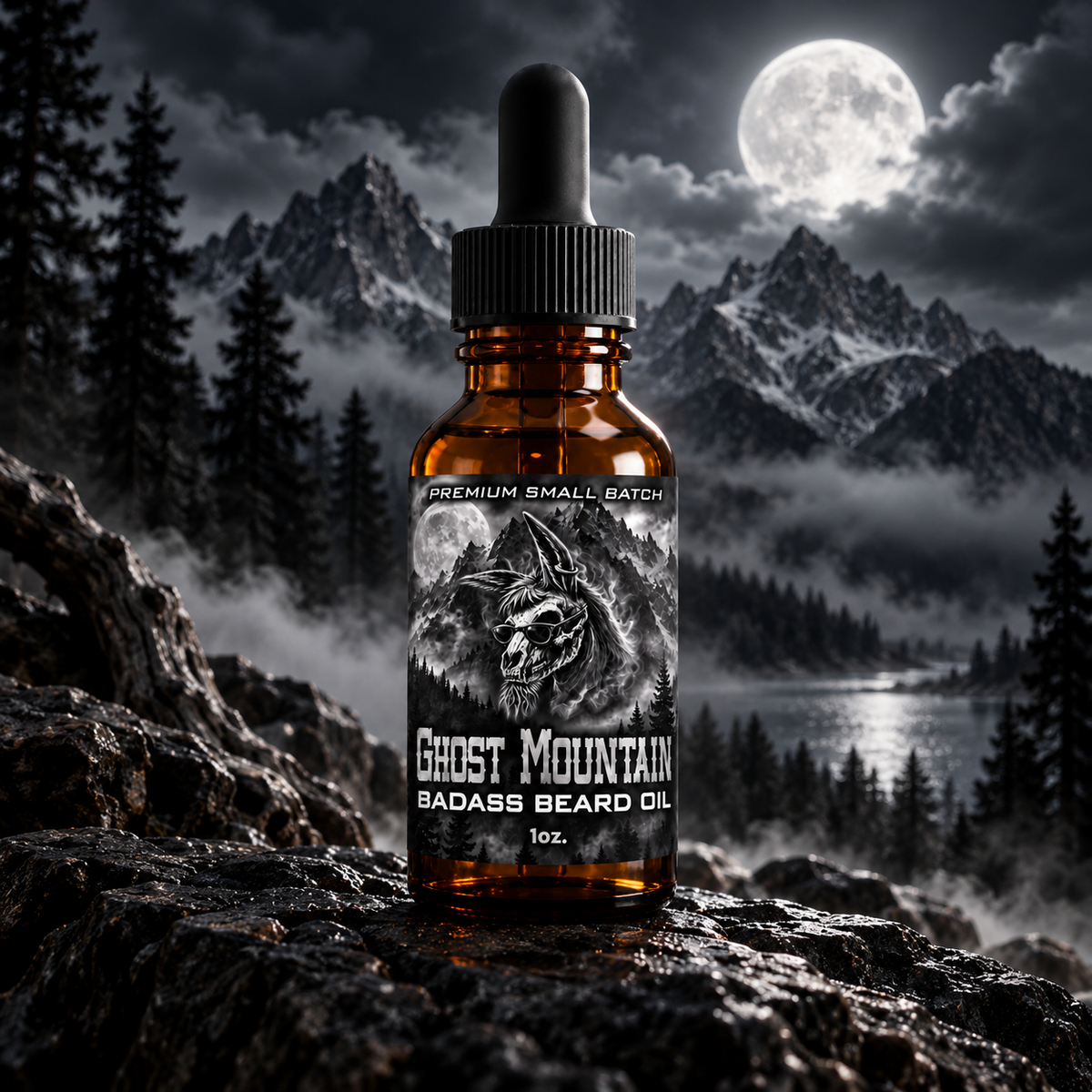 Ghost Mountain Beard Oil bottle against a moonlit mountain landscape