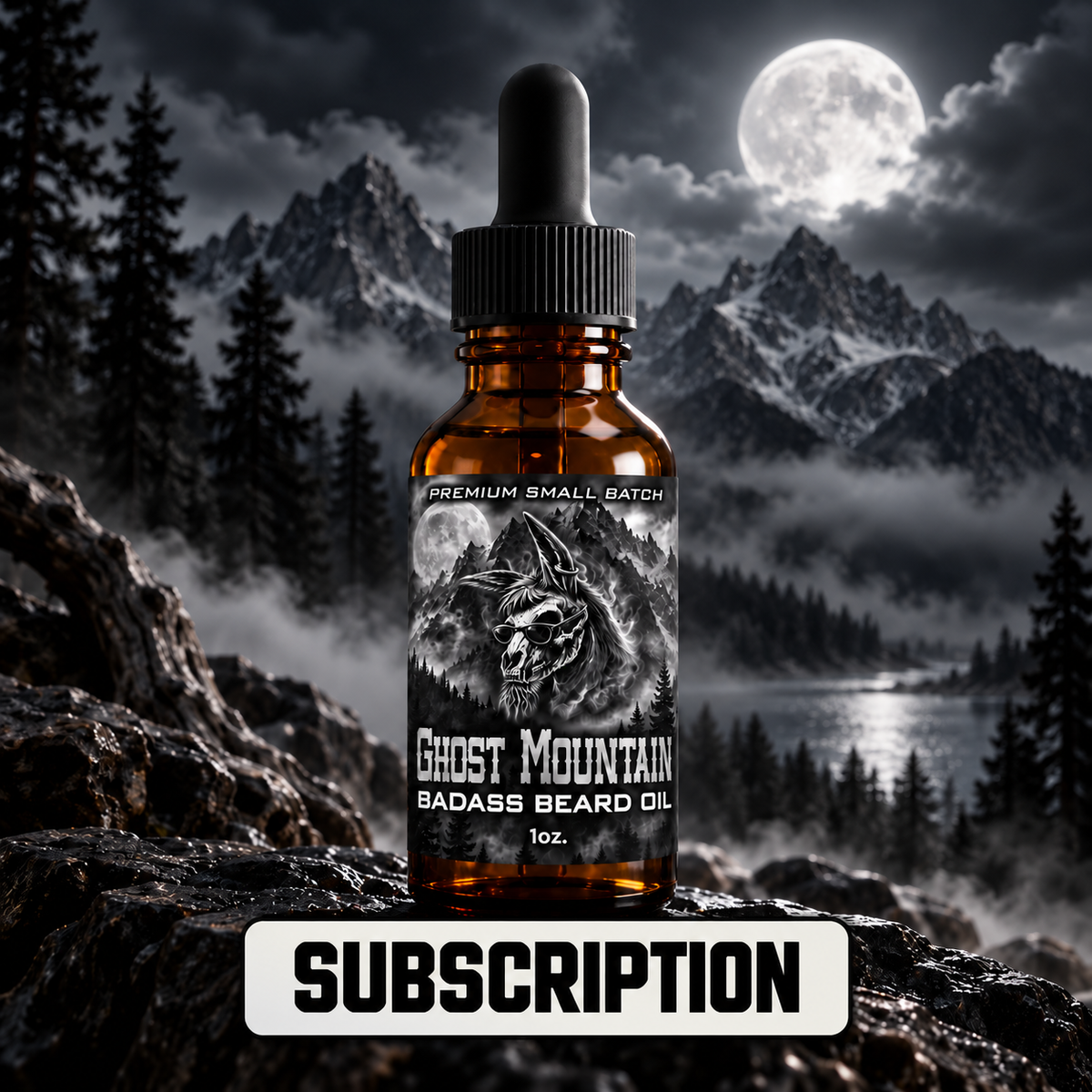 Ghost Mountain Beard Oil against a moonlit mountain landscape, labeled Subscription