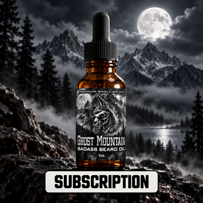 Ghost Mountain Beard Oil against a moonlit mountain landscape, labeled Subscription