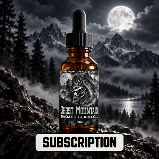Ghost Mountain Beard Oil against a moonlit mountain landscape, labeled Subscription