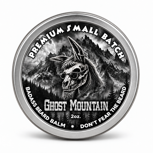 Ghost Mountain Beard Balm tin, front label