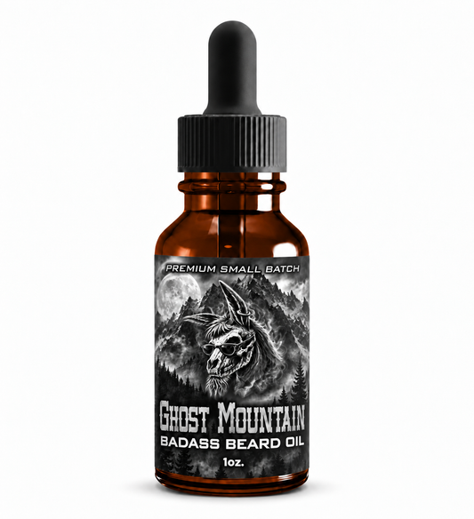 Ghost Mountain Beard Oil bottle, front label