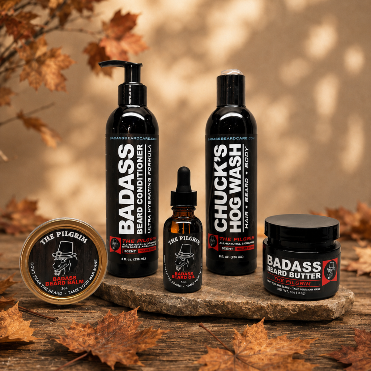 The Pilgrim Complete Beard Care Kit in an autumn display