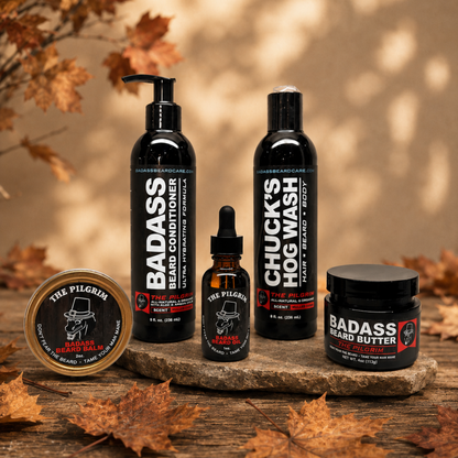 The Pilgrim Complete Beard Care Kit in an autumn display