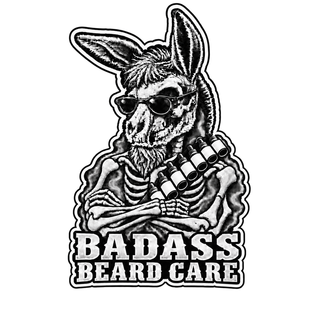 Black-and-white Badass Beard Care donkey graphic