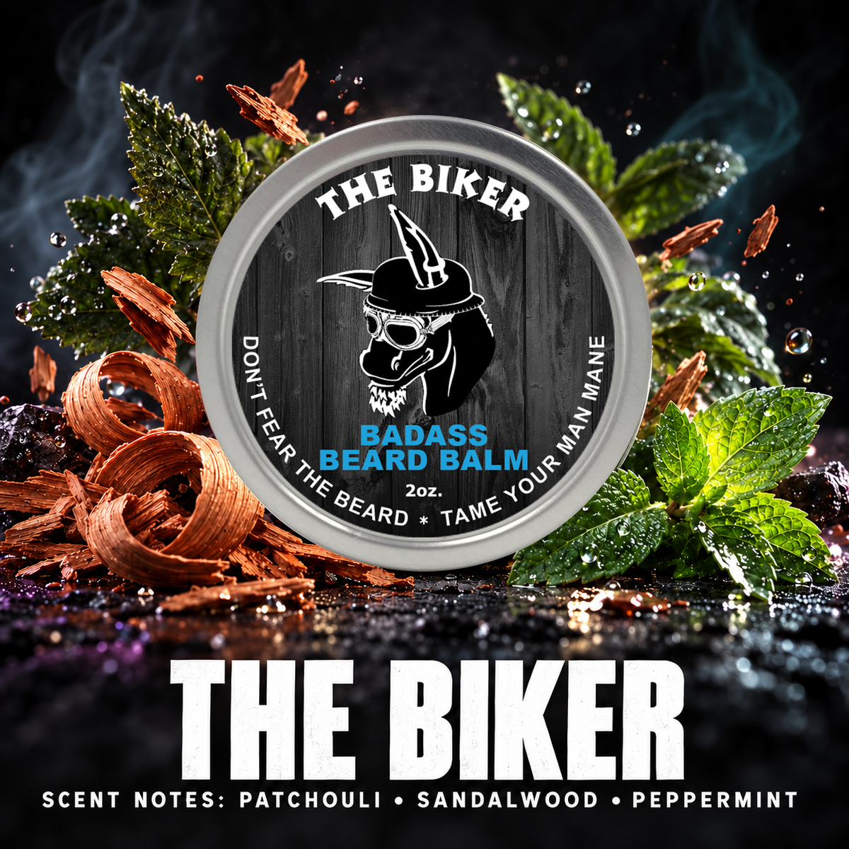 The Biker Beard Balm — patchouli, sandalwood and peppermint scent showcase with original product photography.