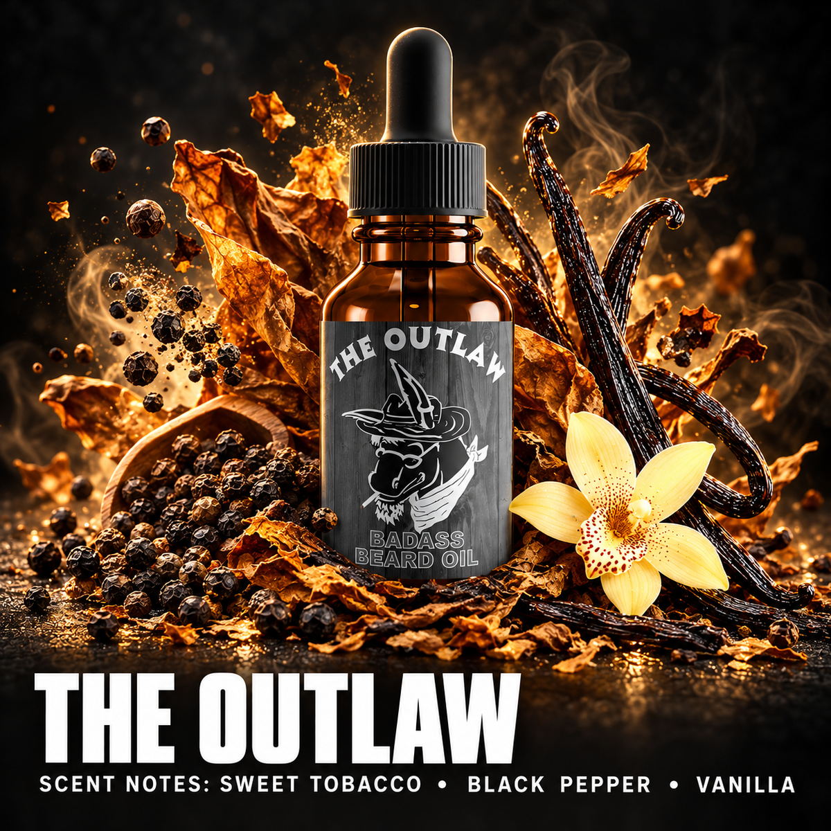 The Outlaw Beard Oil — SWEET TOBACCO • BLACK PEPPER • VANILLA scent notes.