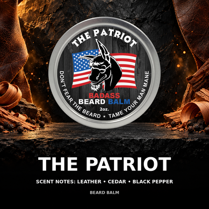 Patriot beard balm scent showcase — leather • cedar • black pepper.