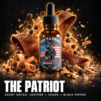 The Patriot Beard Oil — LEATHER • CEDAR • BLACK PEPPER scent notes.