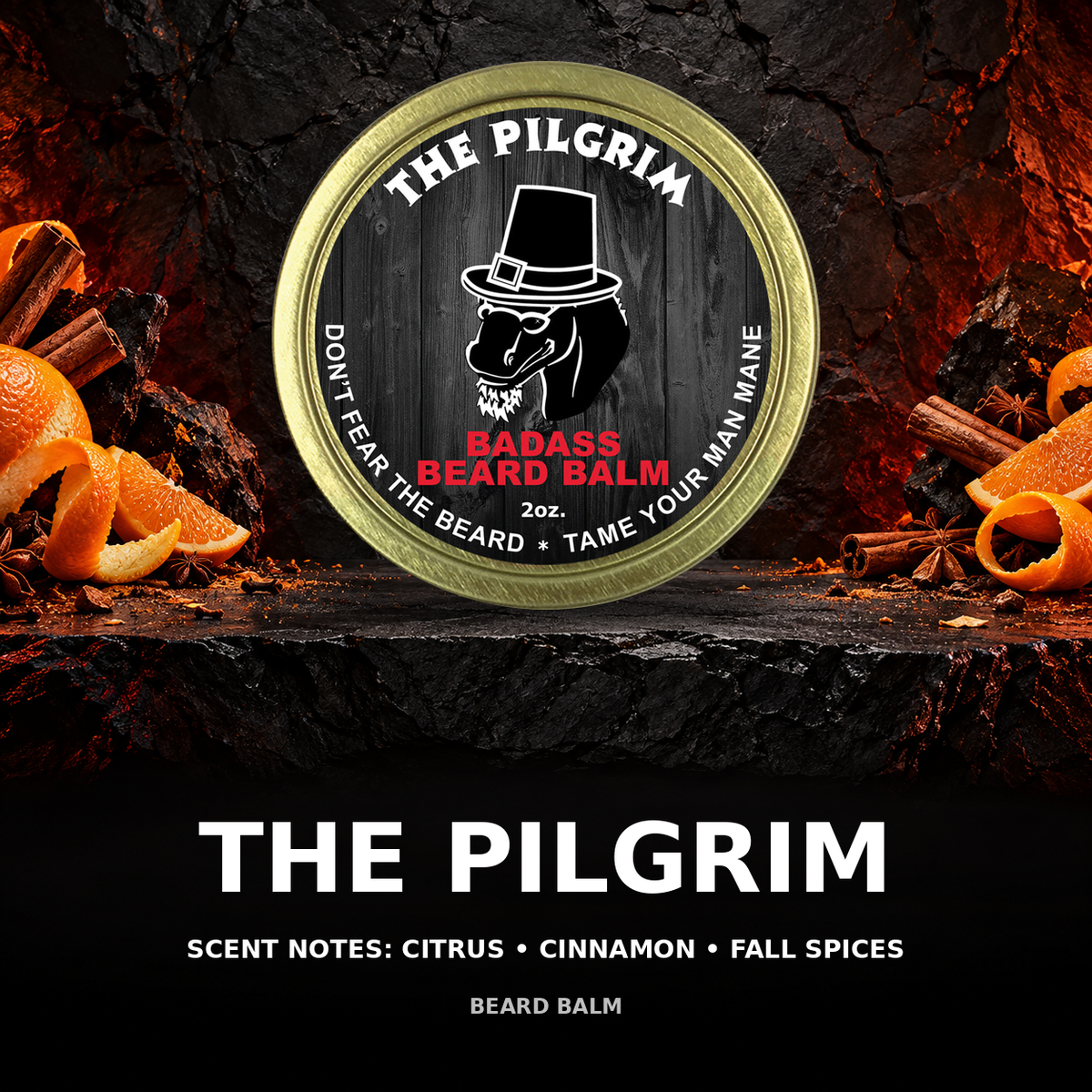 Pilgrim beard balm scent showcase — citrus • cinnamon • fall spices.