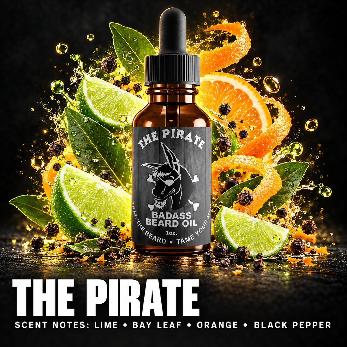 The Pirate Beard Oil — LIME • BAY LEAF • ORANGE • BLACK PEPPER scent notes.