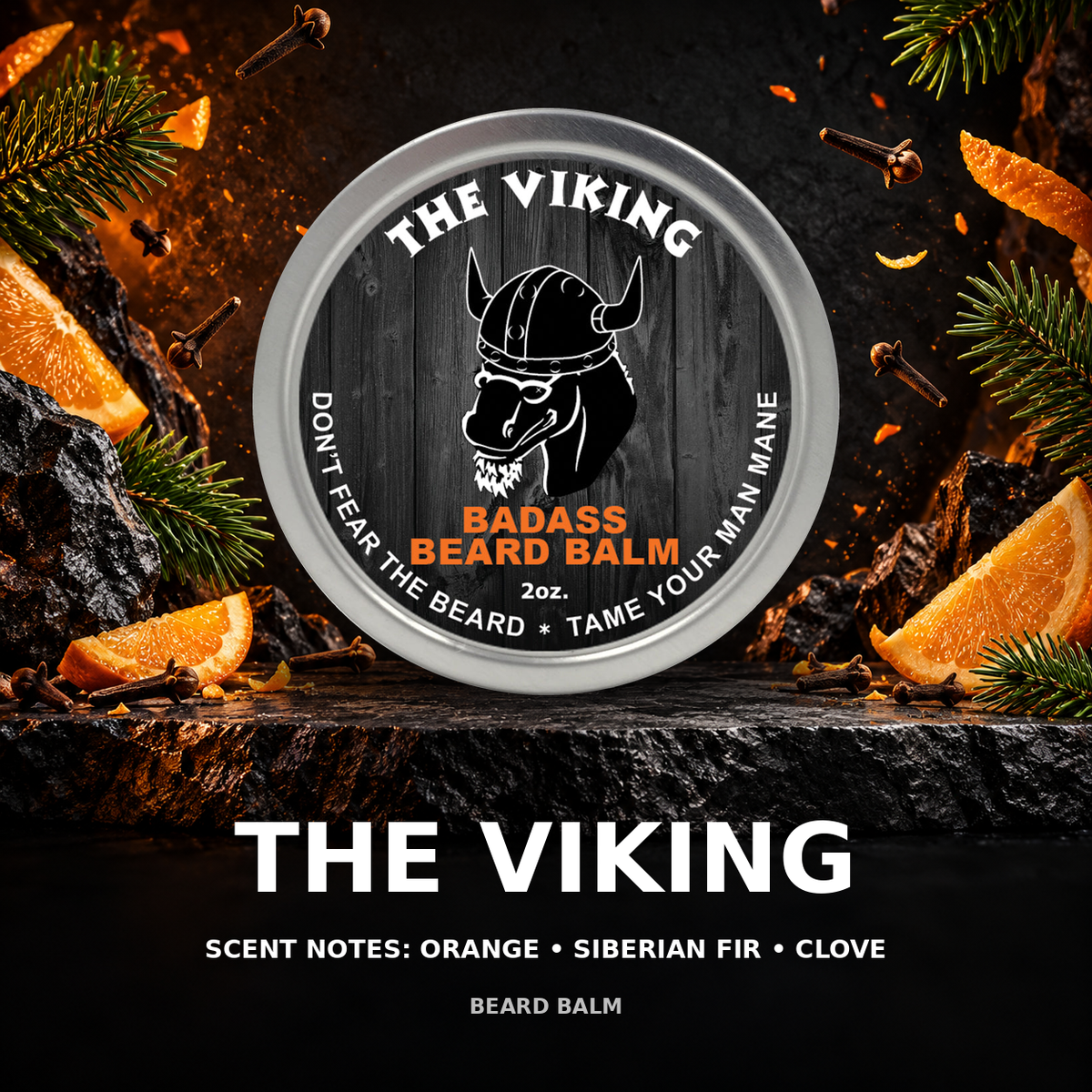The Viking beard balm scent showcase — orange • siberian fir • clove.