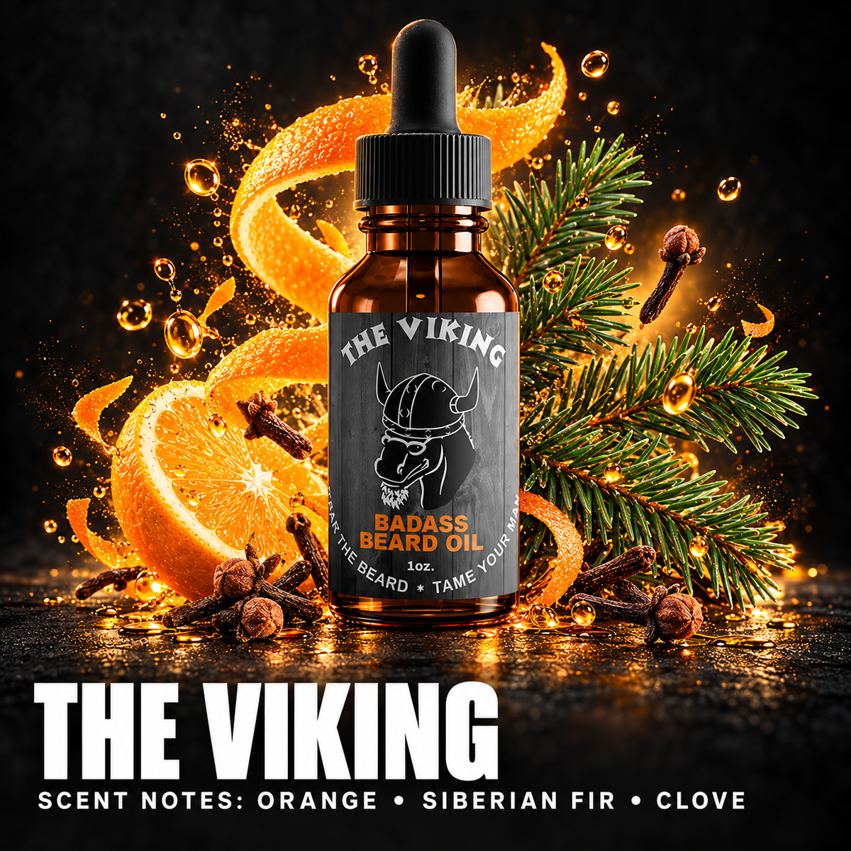 The Viking Beard Oil — ORANGE • SIBERIAN FIR • CLOVE scent notes.